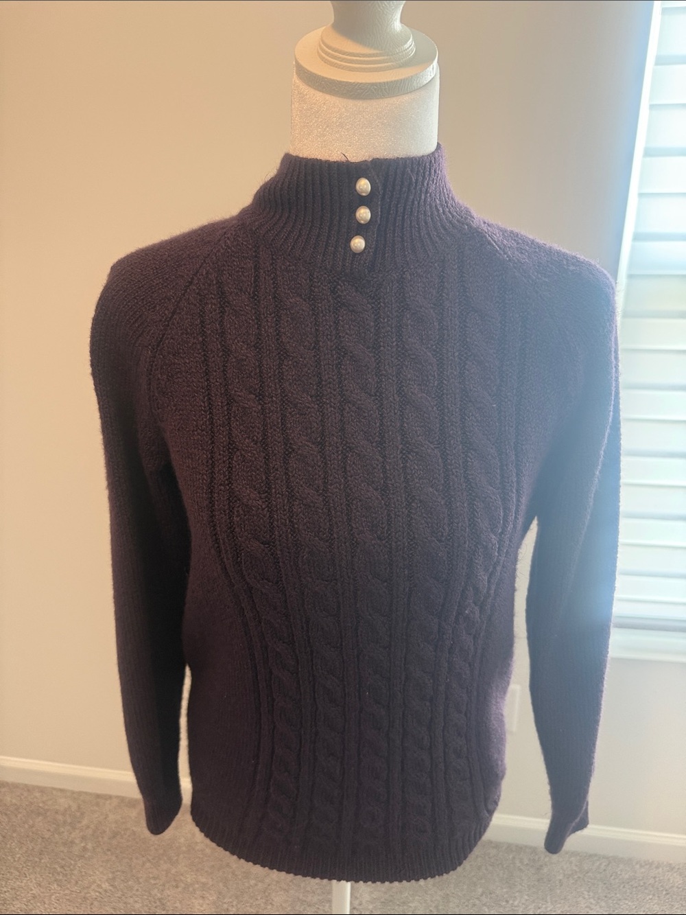 Karen Scott Purple Cable-Knit Turtleneck Sweater with Pearl Buttons